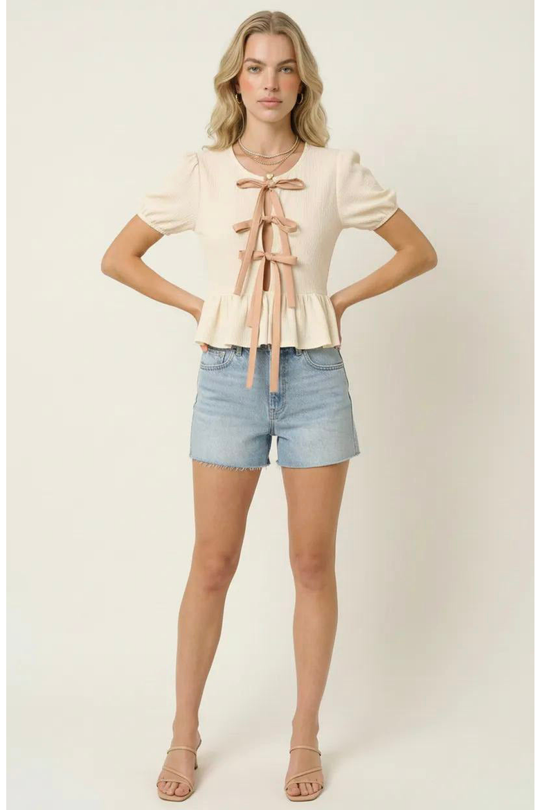 Puff-Sleeve Bow-Tie Front Peplum Blouse, Alternate, color, Cream