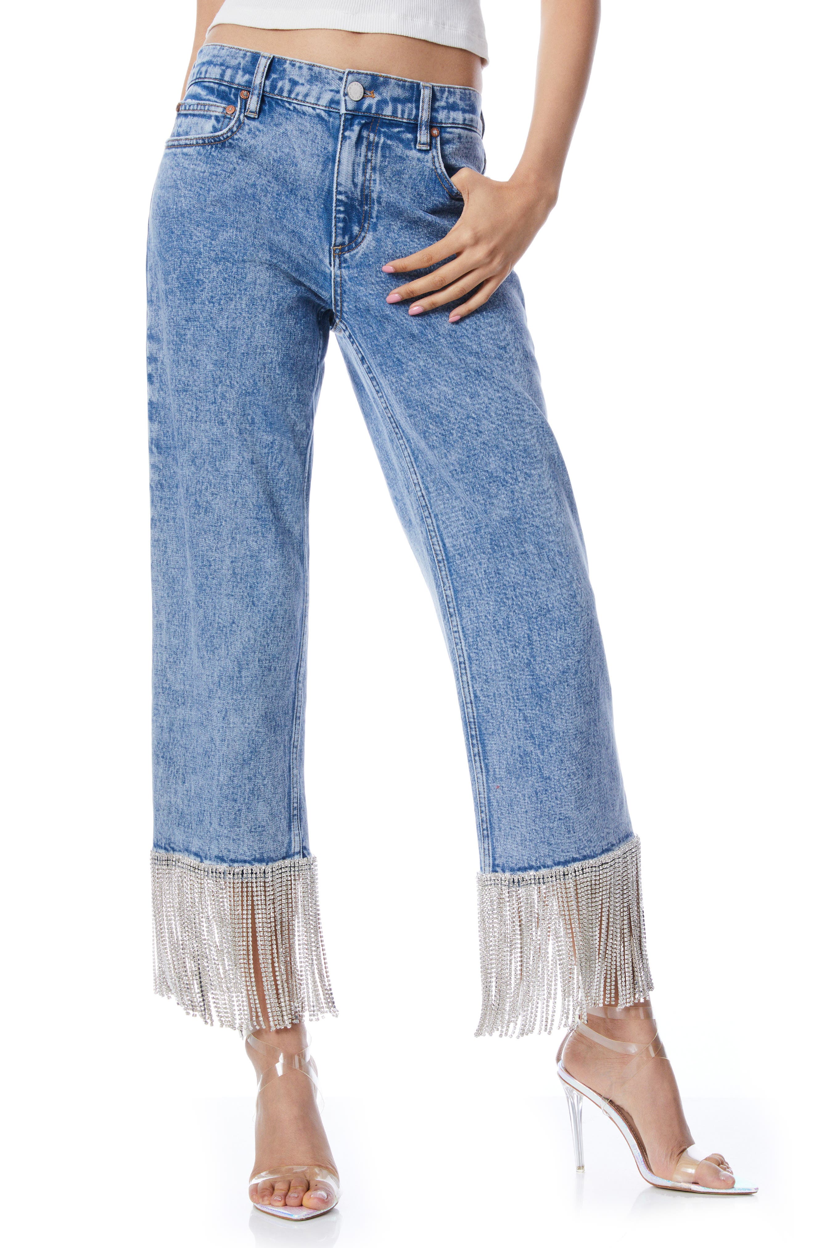 ALICE + OLIVIA Amazing Rhinestone Hem High Waist Jeans (Women) | Nordstrom