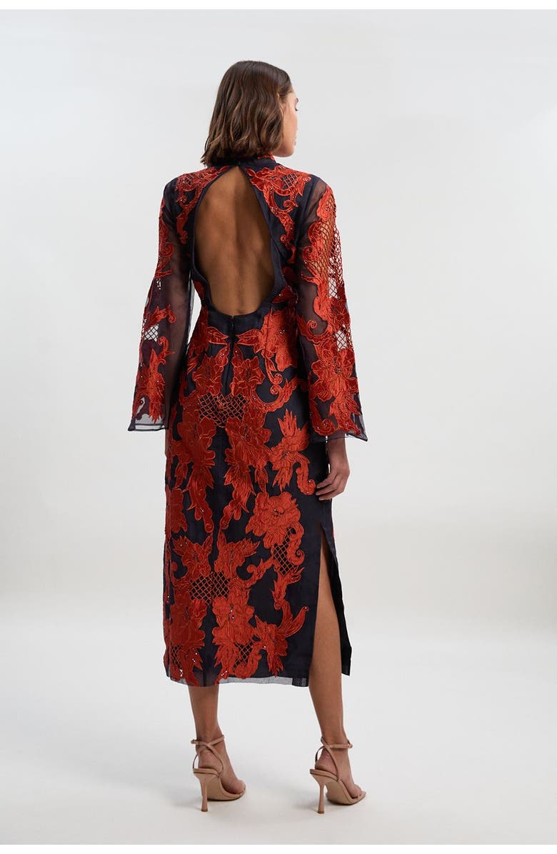 Karen Millen High Neck Embroidered Midi Dress, Alternate, color, Navy