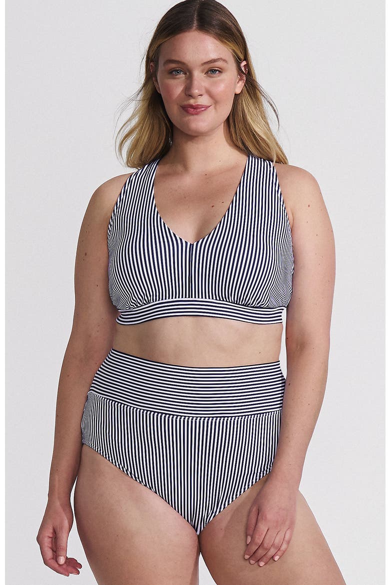 Plus Size V-Neck Bikini and High Waisted Bottom Swimsuit Set, Main, color, Deep Sea Navy Mini Stripe