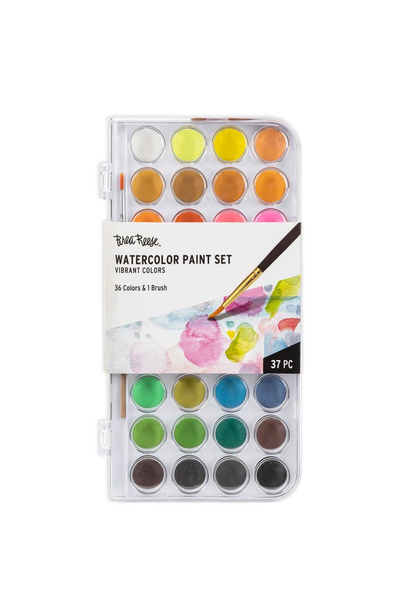 Brea Reese Vibrant Watercolor Set 36 Colors, 1 Brush, Nontoxic, Main, color, Multicolored