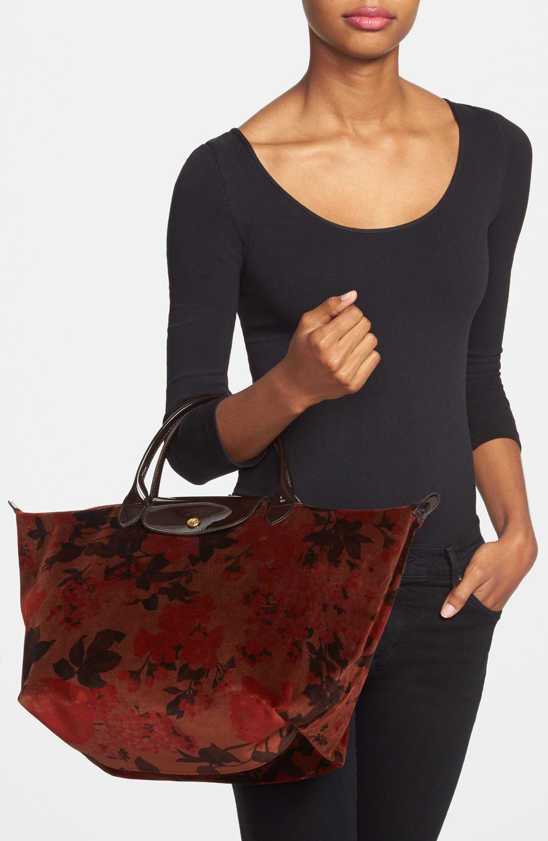 'Fleurs Palace' Velvet Tote, Alternate, color, MAHOGANY