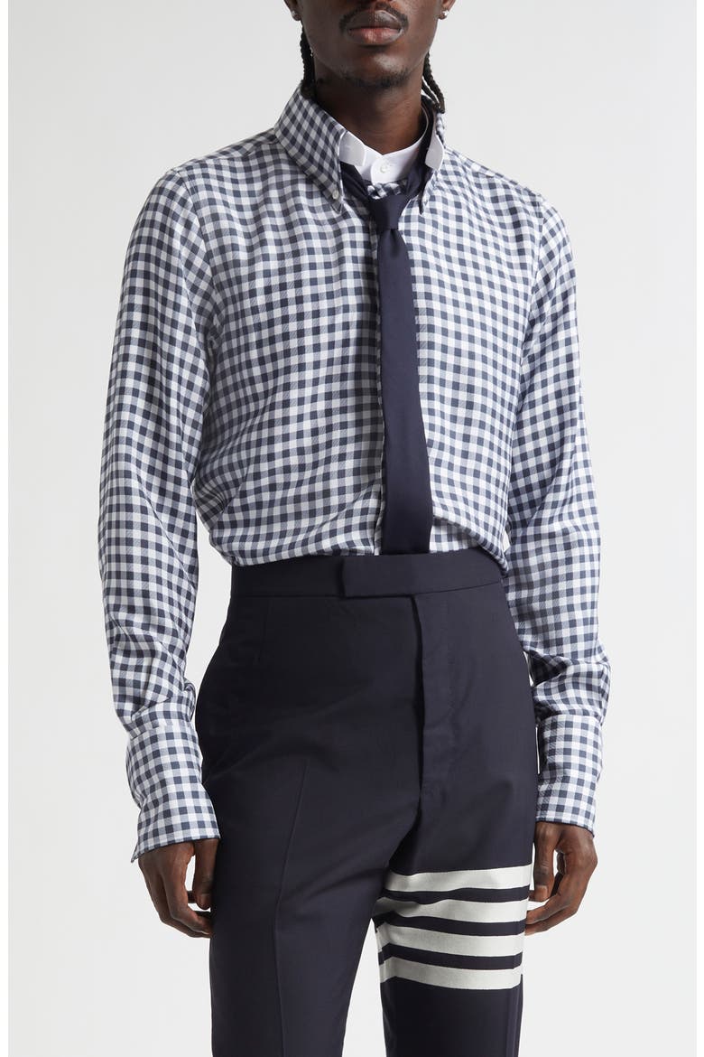 Gingham Straight Fit Convertible Silk Twill Button-Down Shirt, Main, color, NAVY