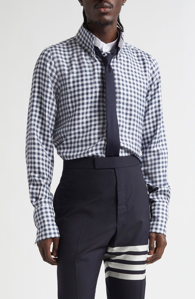 Thom Browne Gingham Straight Fit Convertible Silk Twill Button-Down Shirt, Main, color, Navy
