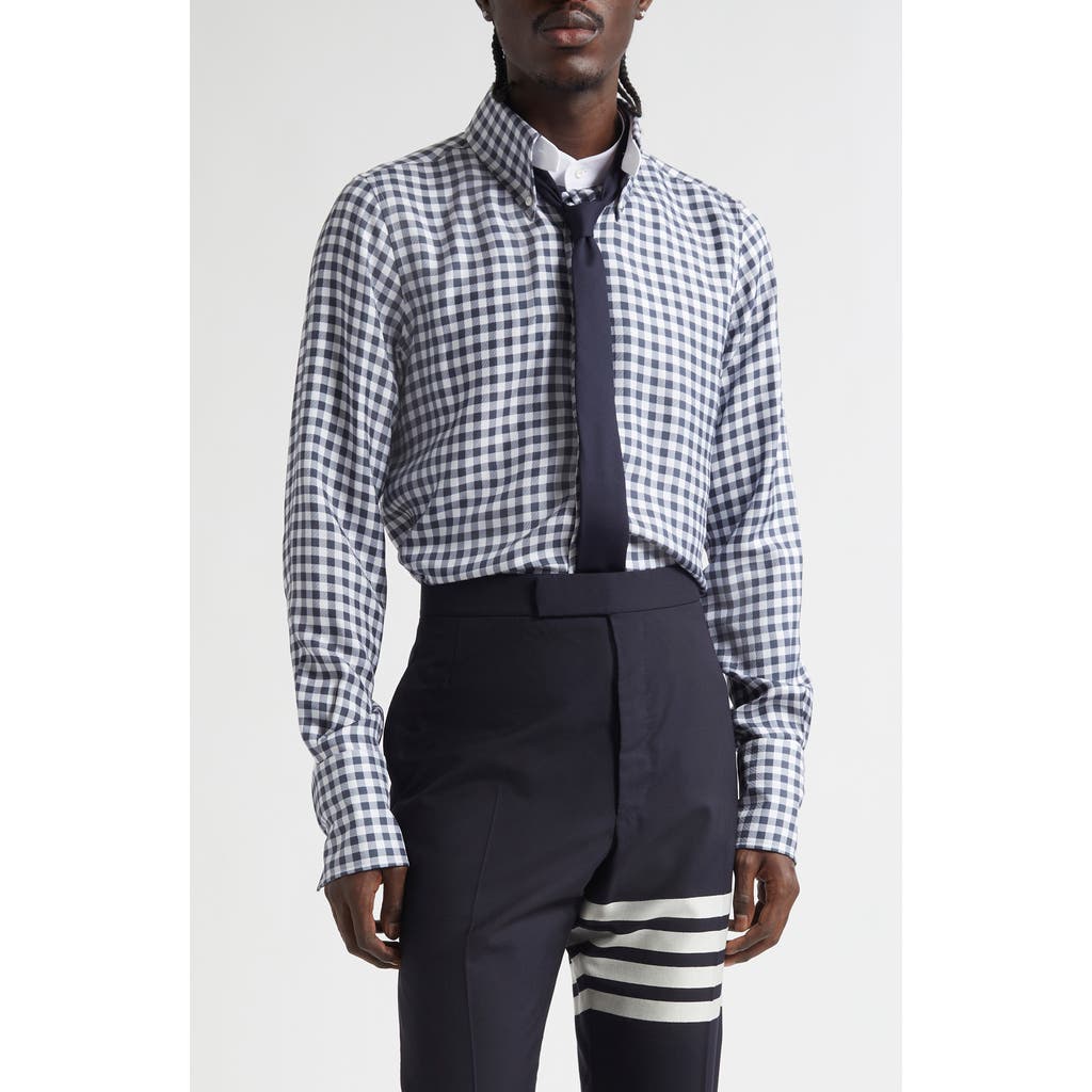 Thom Browne Gingham Straight Fit Convertible Silk Twill Button-down Shirt In Blue