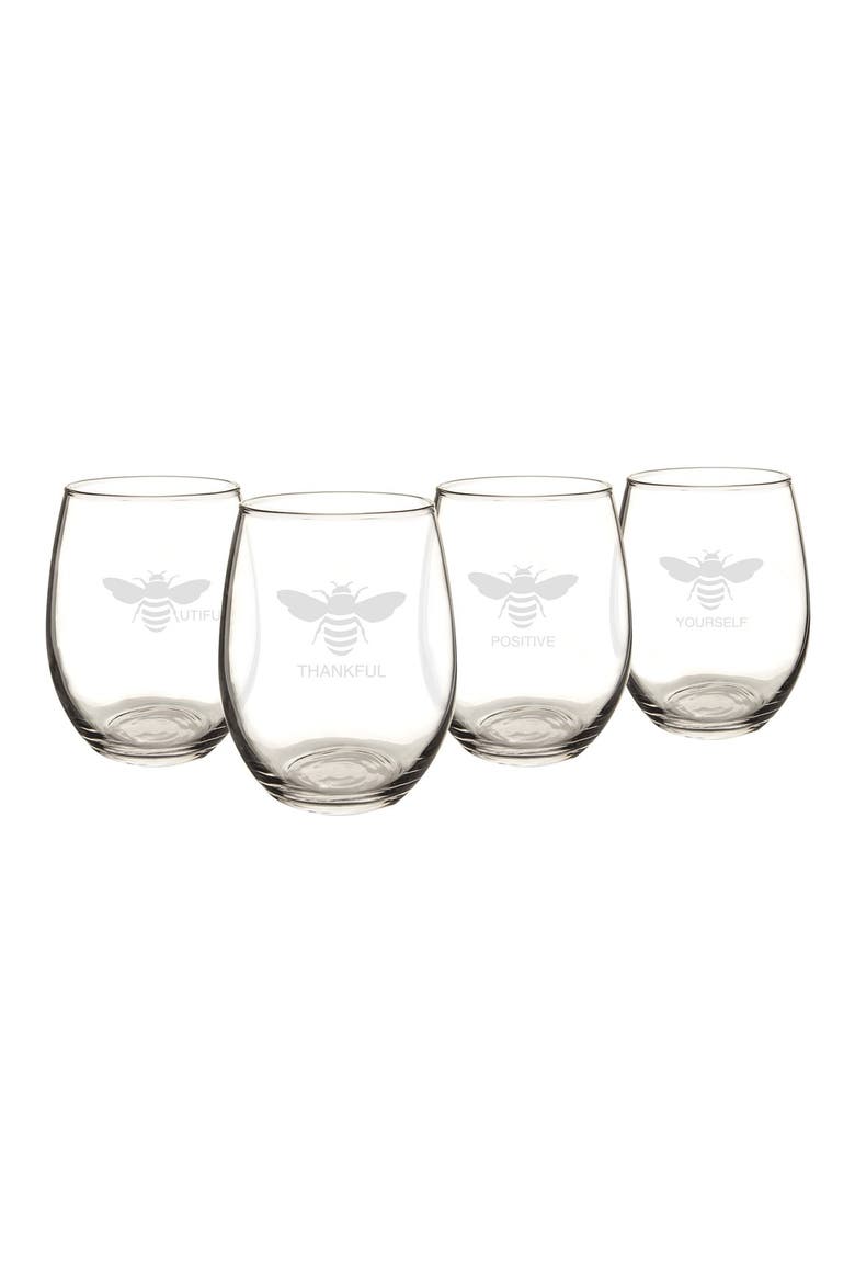 Theme Etched Set of 4 Stemless Wine Glasses, Alternate, color, BEE THANKFUL