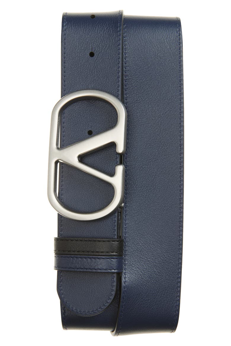 VLOGO Buckle Reversible Leather Belt, Alternate, color, BLACK