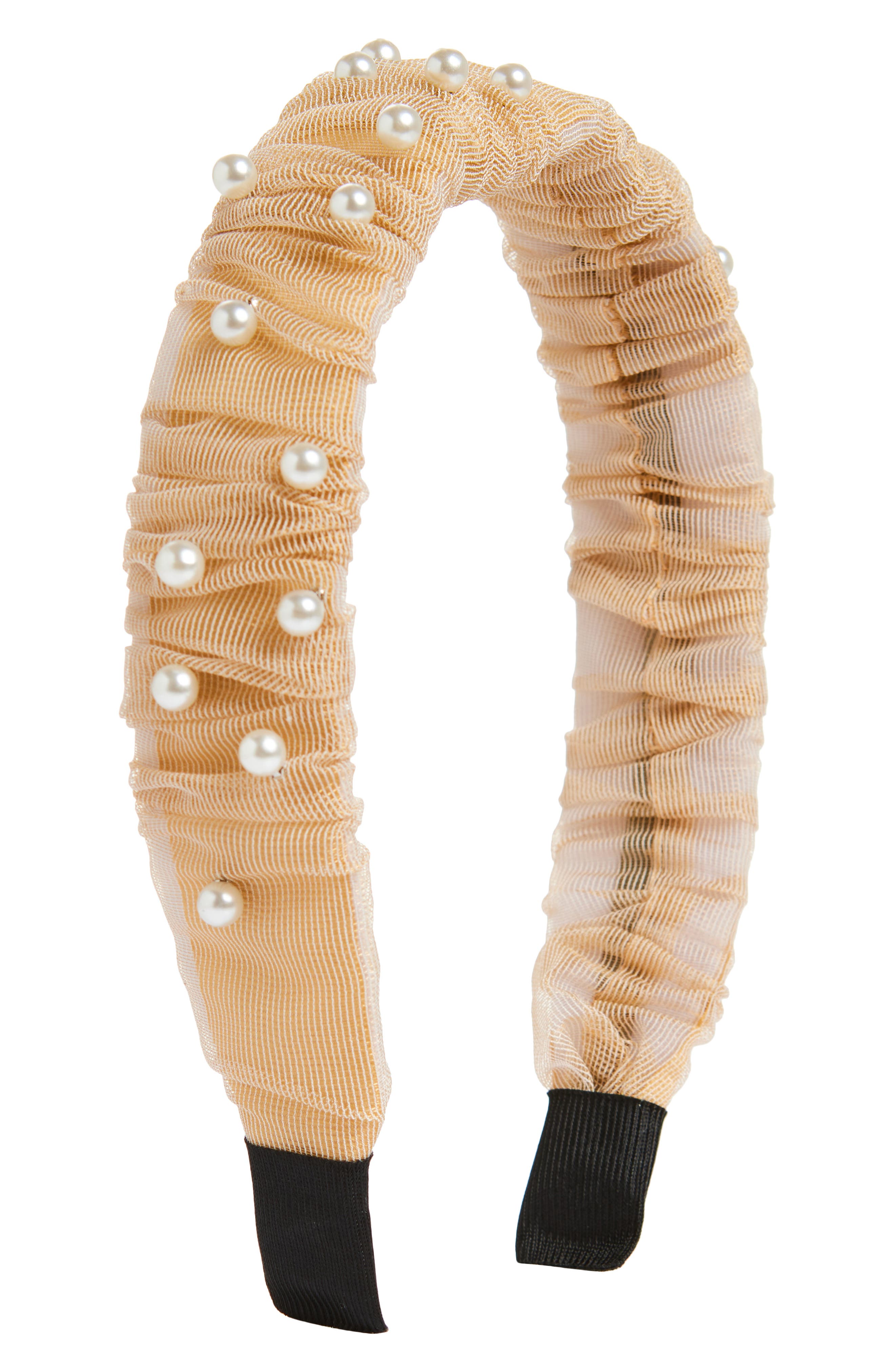 Cara Kids' Faux Pearl Embellished Ruched Headband in Taupe 