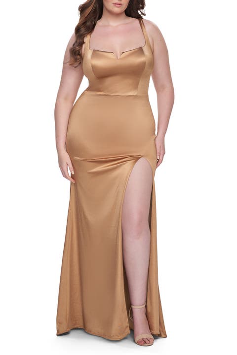 Stretch Satin Plus Size Dress with Unique Neckline and Slit