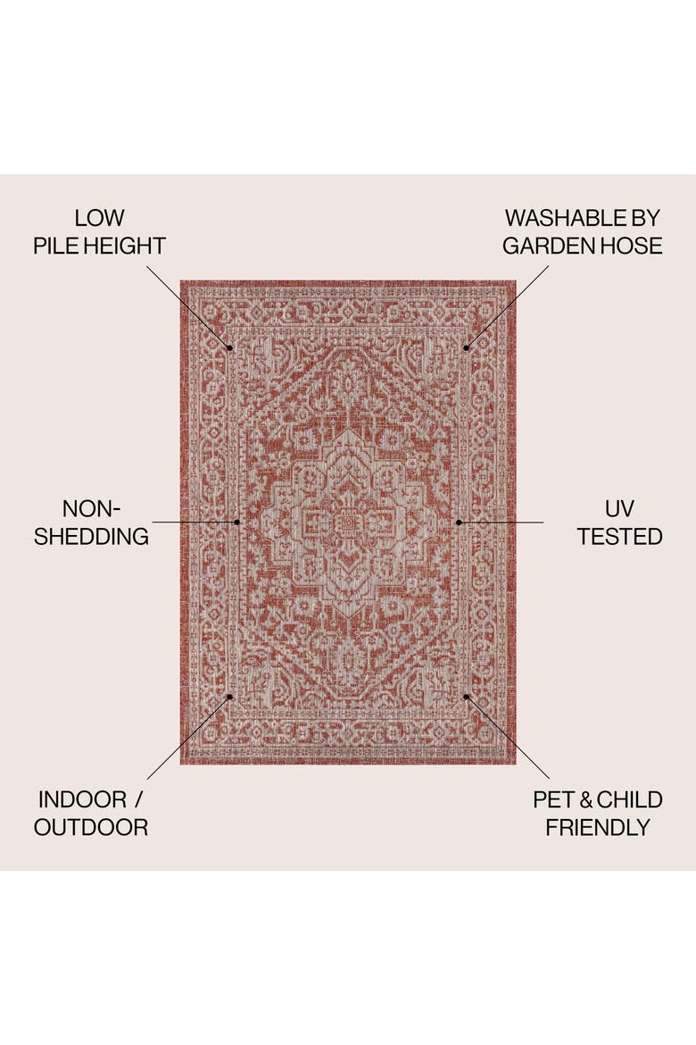 Sinjuri Medallion Textured Weave Indoor/Outdoor Area Rug, Alternate, color, Red/Taupe