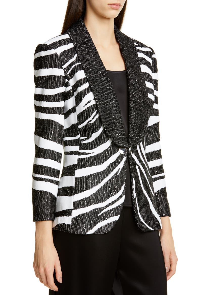 Sequin Zebra Jacquard Knit Jacket, Alternate, color, CAVIAR/ WHITE