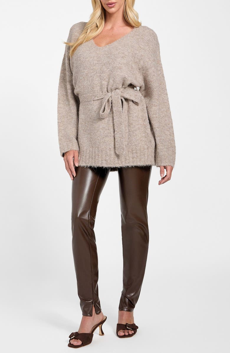 GUESS Kiyoka Tie Waist Tunic Sweater, Alternate, color, Flax-Light