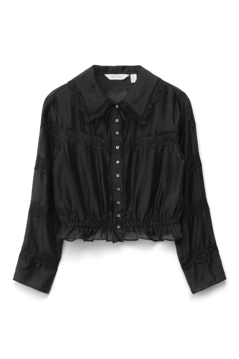 Lace Trim Button-Up Shirt, Alternate, color, BLACK