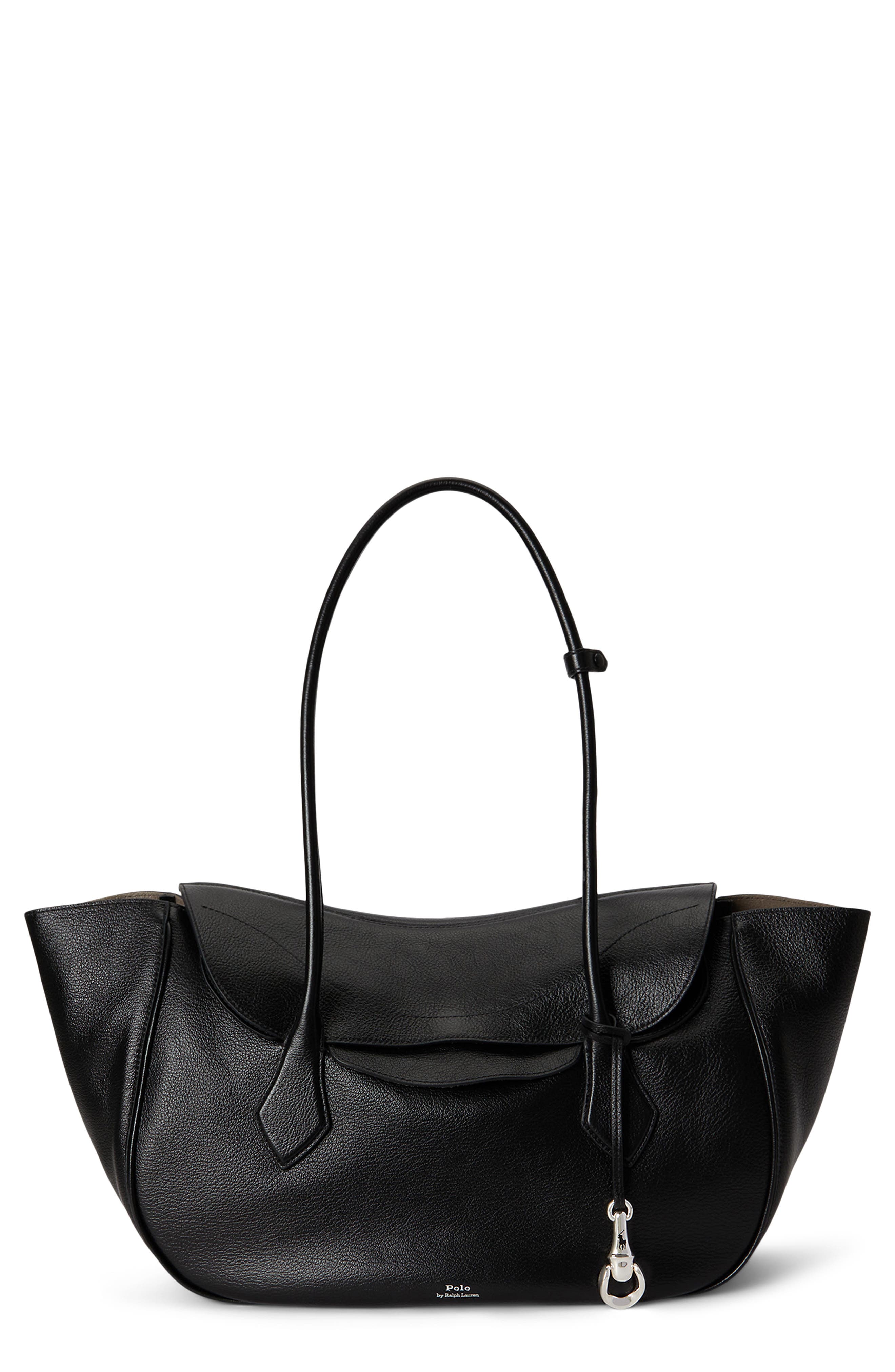 Large Leather Shoulder Bag, Main, color, BLACK