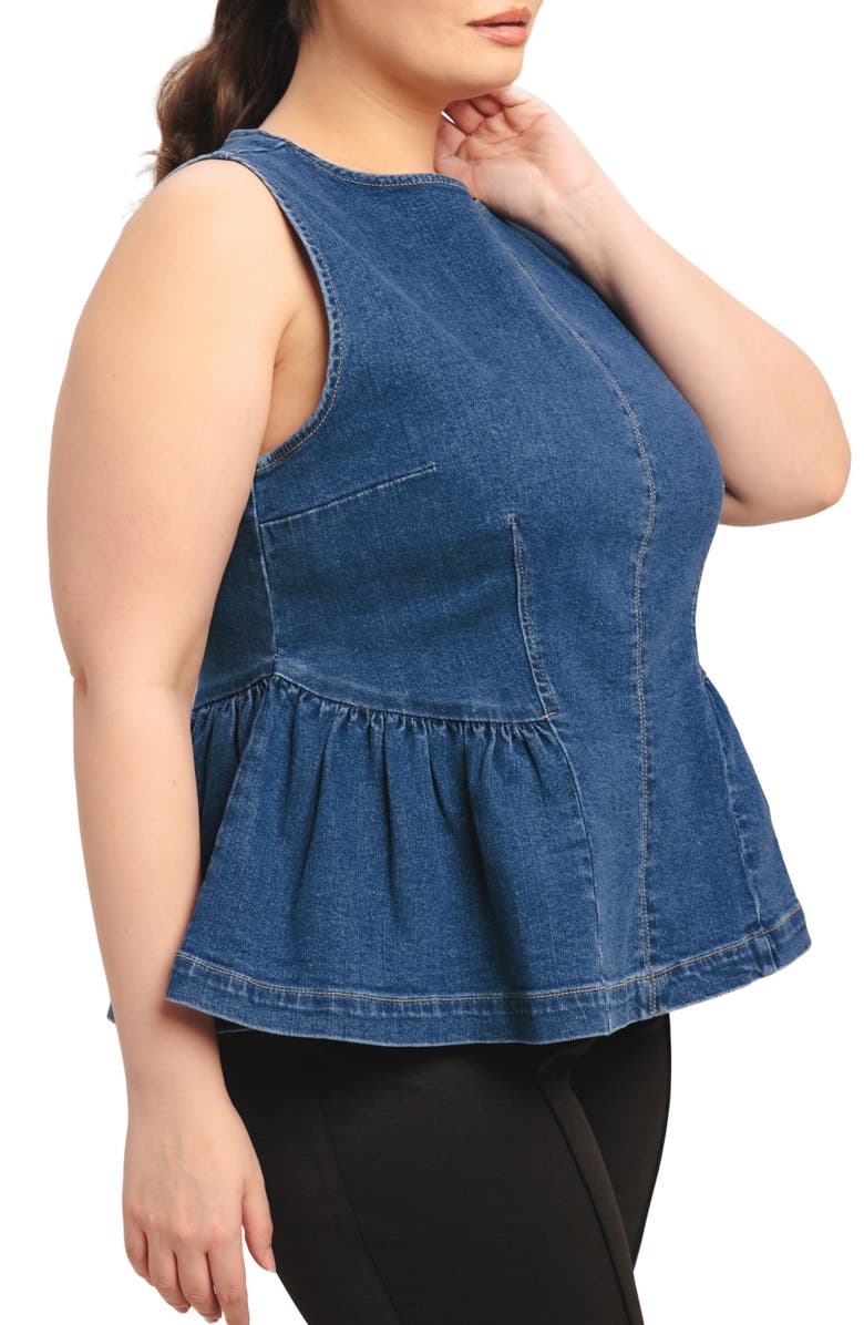 FLYING TOMATO Denim Peplum Top, Alternate, color, Medium Indigo