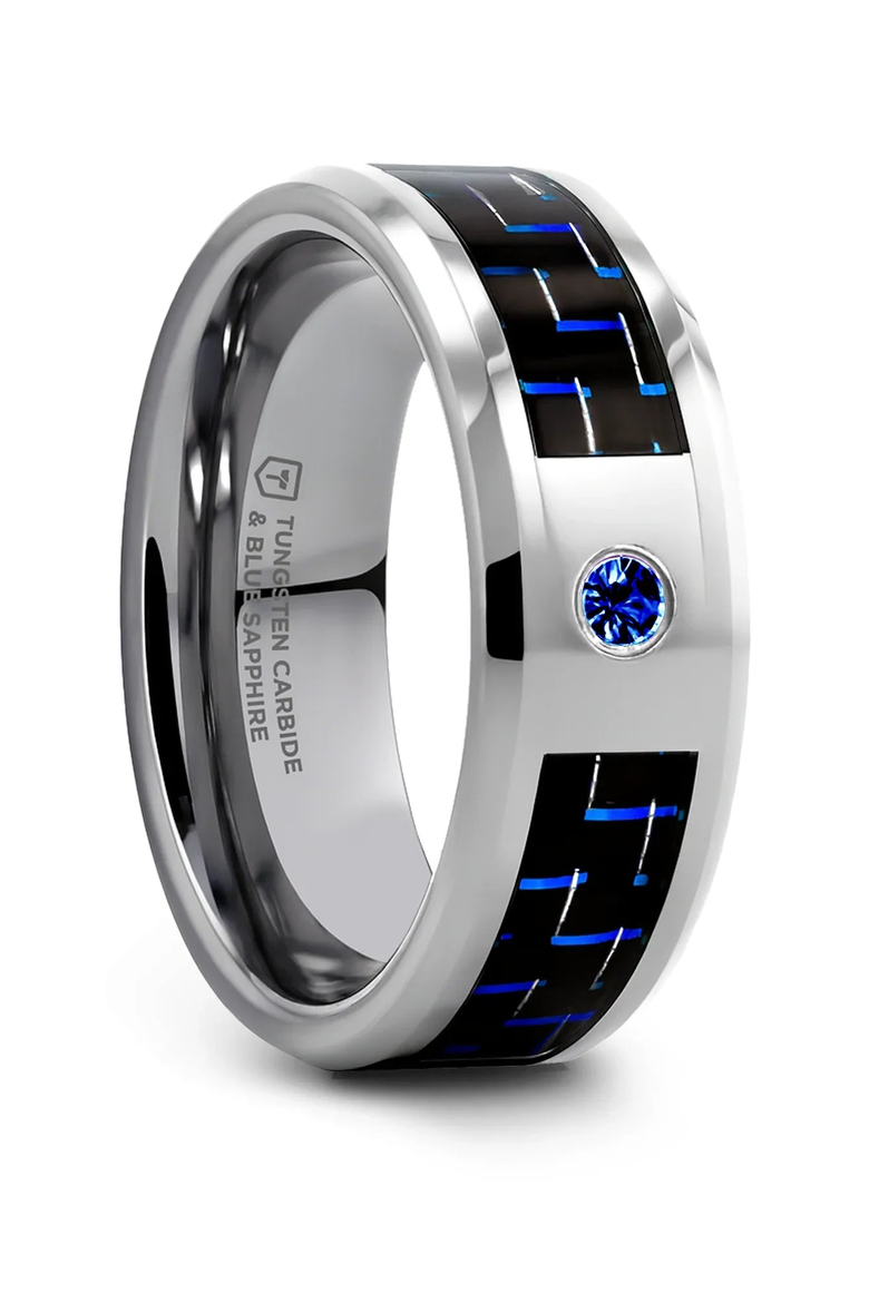 Neptune Tungsten Carbide Wedding Band, Main, color, Silver / Black / Blue