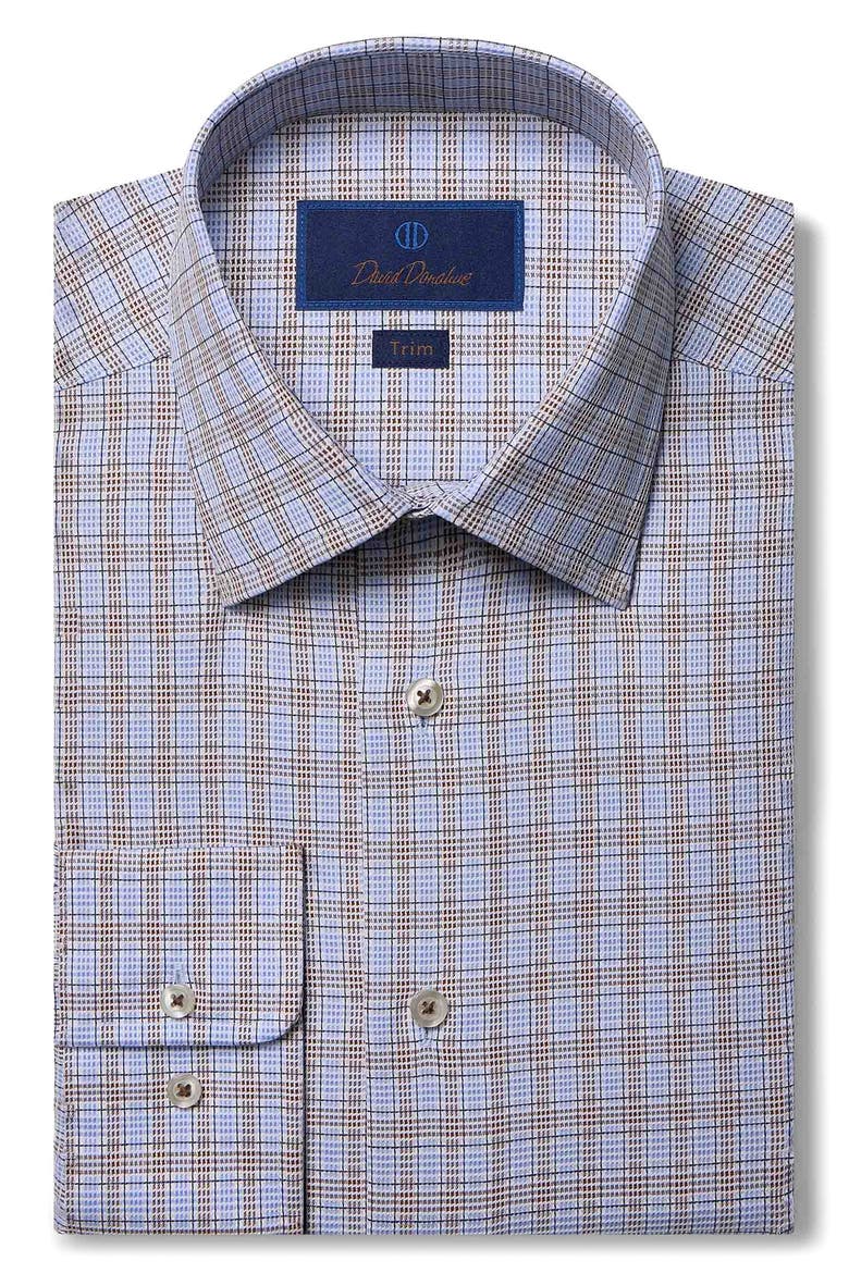 Trim Fit Textured Check Dress Shirt, Main, color, BLUE/ BROWN