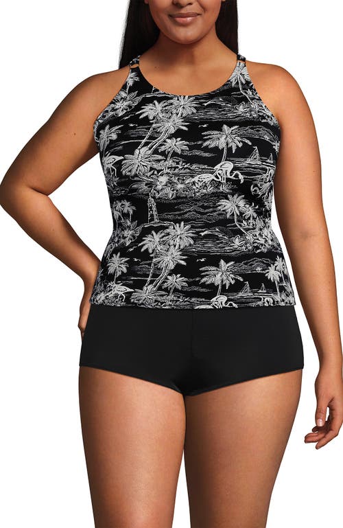 Lands' End Tugless High Neck Strappy Back Tankini Swimsuit Top In Black Tropical Scene