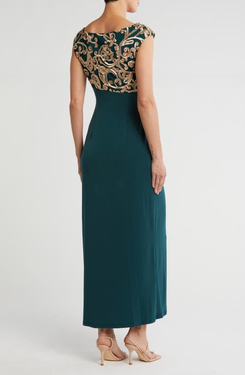 Connected Apparel Soutache Bodice Mock Wrap Dress In Hunter/gold
