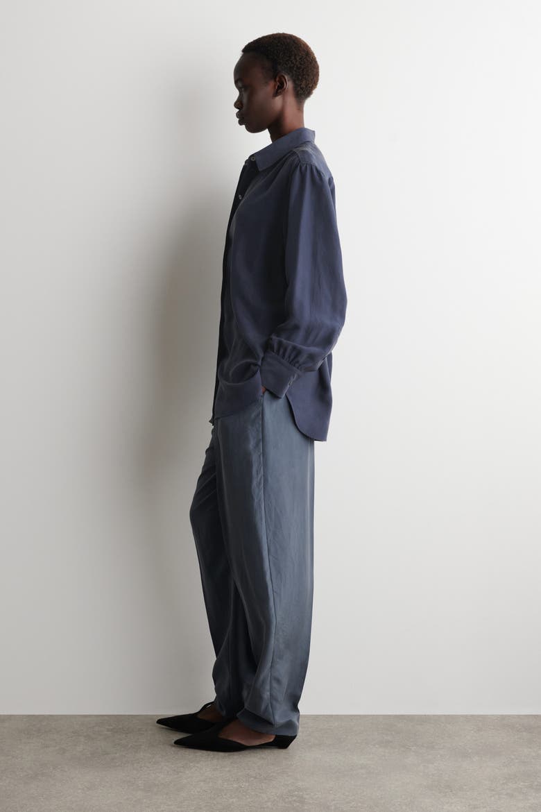 Gathered Crinkled-silk Shirt, Alternate, color, NAVY