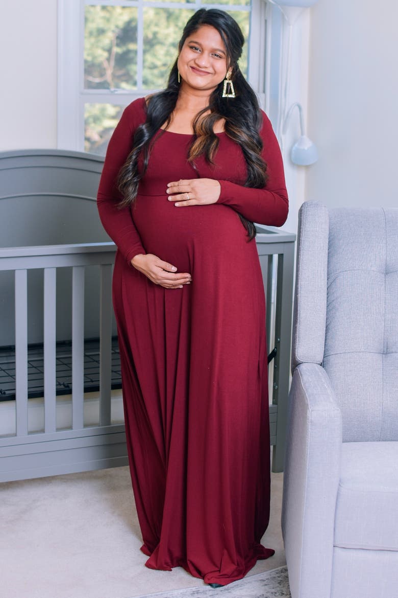 Solid Off Shoulder Maternity Maxi Dress, Alternate, color, Burgundy