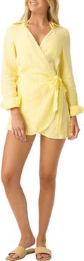 PQ SWIM Lily Long Sleeve Linen Cover-Up Wrap Minidress