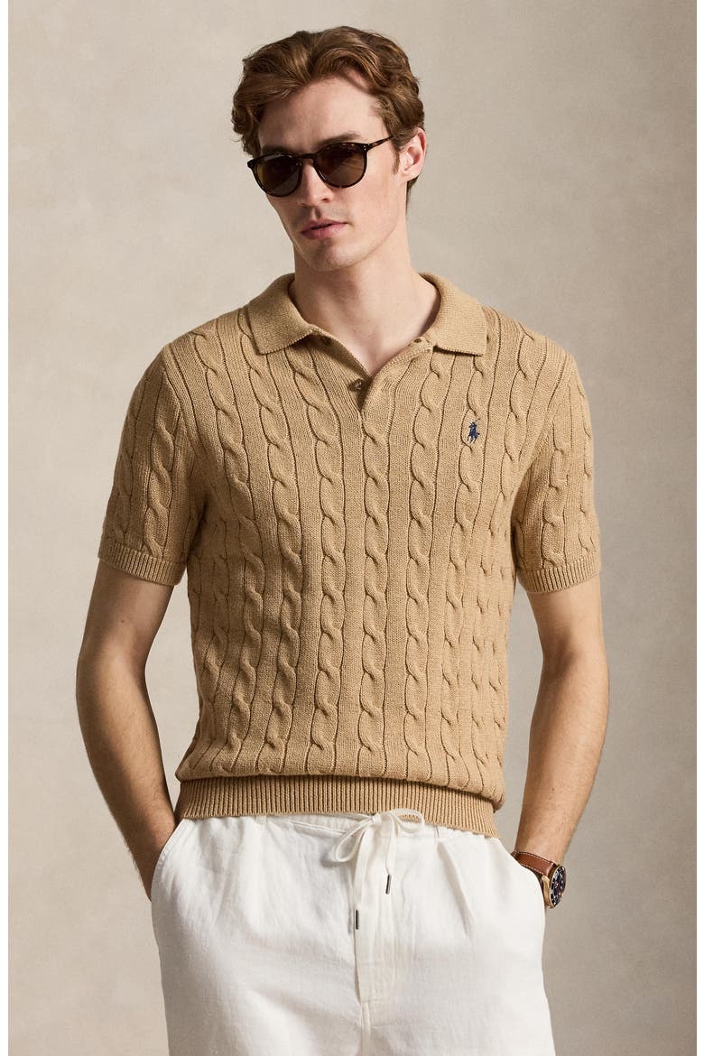Cable-Knit Cotton Polo Sweater, Alternate, color, CAMEL MELANGE