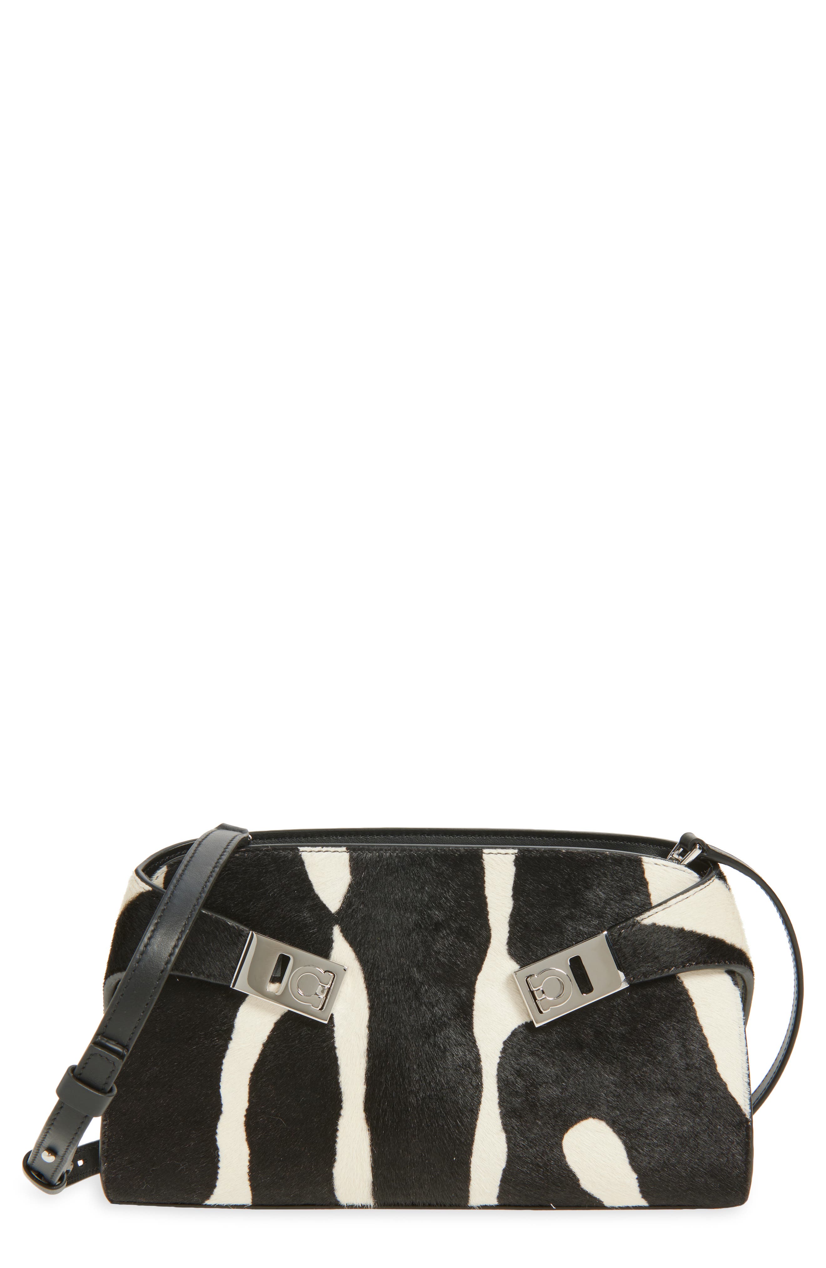 FERRAGAMO Hug Genuine Calf Hair East/West Crossbody Bag, Main, color, Kasba Bianco/ Nero