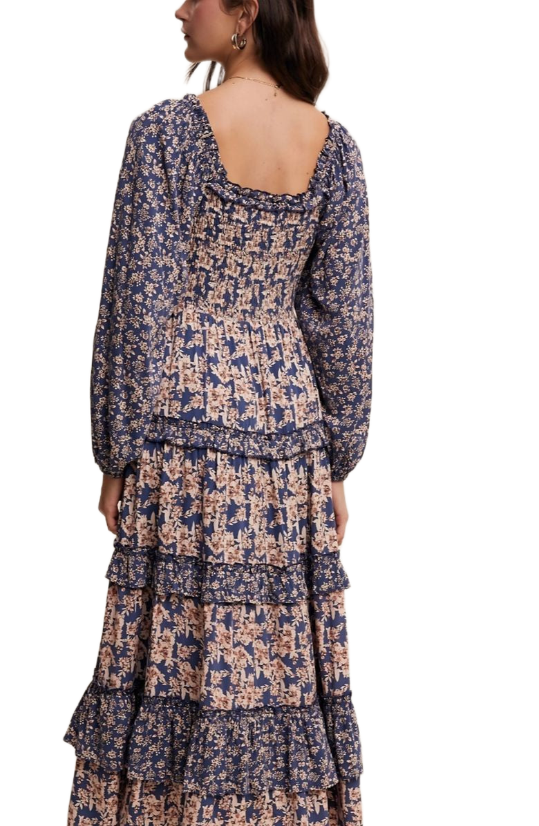 Knit and Lounge Floral Ruffle Tiered Maxi Dress, Alternate, color, Navy Blue / Light Pink Floral