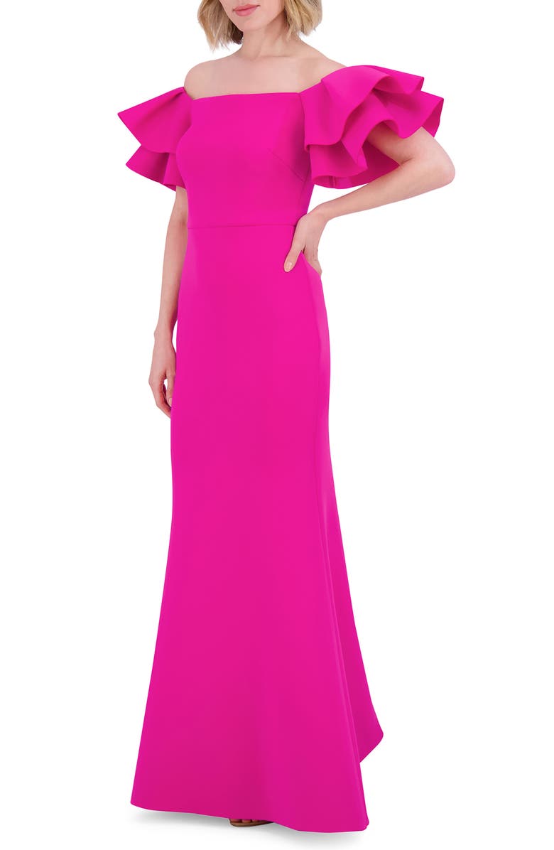 Eliza J Ruffle Sleeve Off the Shoulder Mermaid Gown, Alternate, color, Lipstick