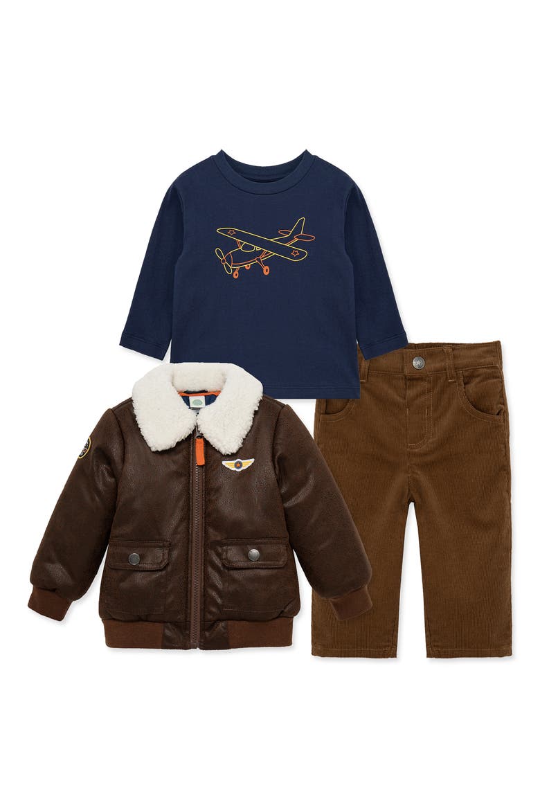 Set of 3 Aviator Graphic T-Shirt, Corduroy Pants & Faux Leather Flight Jacket, Main, color, BROWN