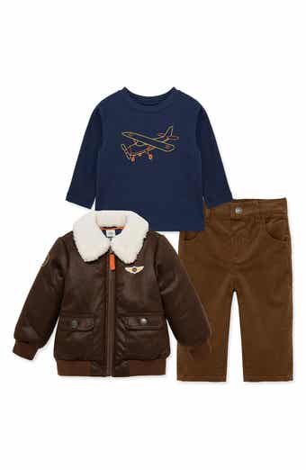 Set of 3 Aviator Graphic T-Shirt, Corduroy Pants & Faux Leather Flight Jacket