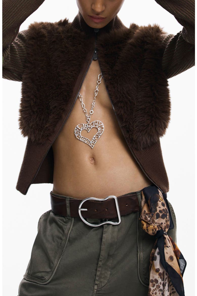 Faux Fur Ribbed Sweater Jacket, Main, color, BROWN