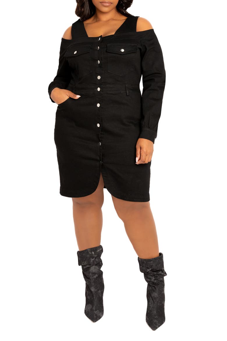 Off the Shoulder Long Sleeve Denim Dress, Main, color, DENIM BLACK