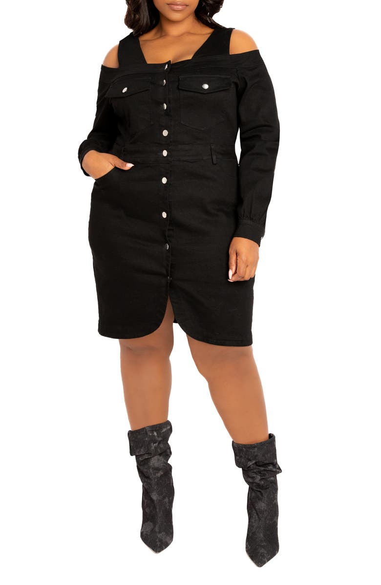 BUXOM COUTURE Off the Shoulder Long Sleeve Denim Dress, Main, color, Denim Black