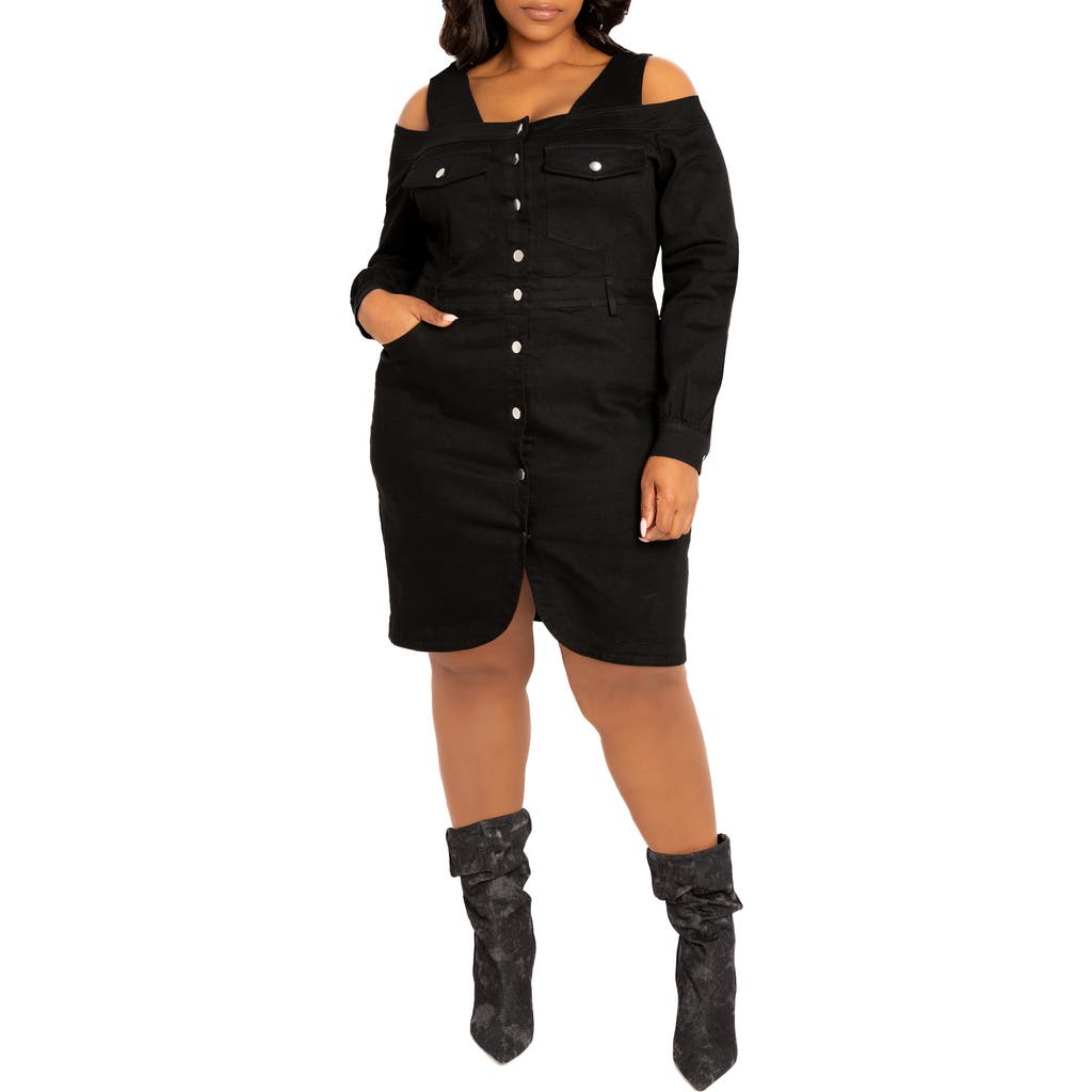 Buxom Couture Off The Shoulder Long Sleeve Denim Dress In Denim Black