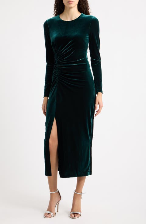 Ruched Waist Long Sleeve Velvet Dress