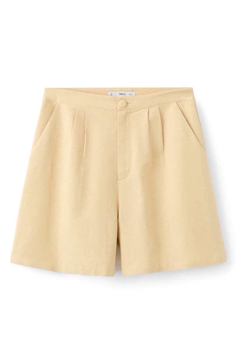MANGO Pleated Straight Fit Cotton & Linen Blend Bermuda Shorts, Alternate, color, Mustard