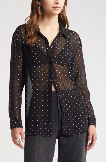 OPEN EDIT OPEN EDIT SHEER BUTTON-UP SHIRT