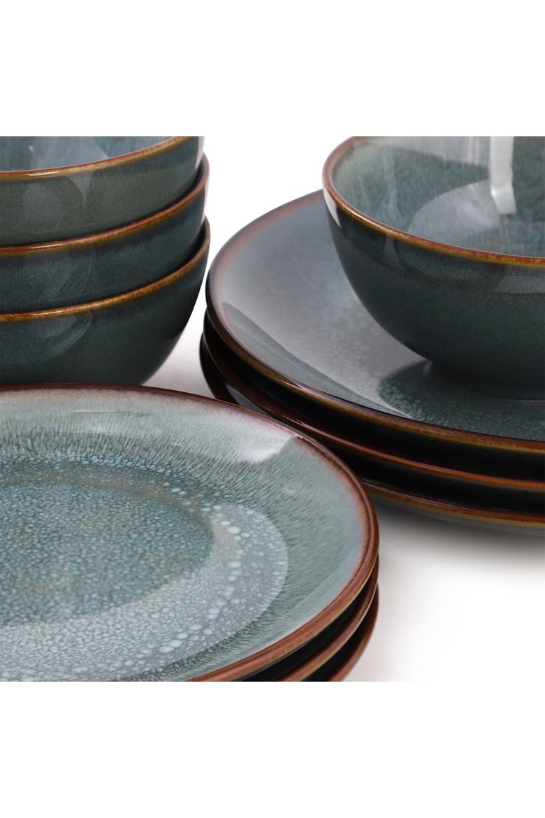 18 Piece Stoneware Dinnerware Set in Blue w/ Brown Rim, Alternate, color, Blue