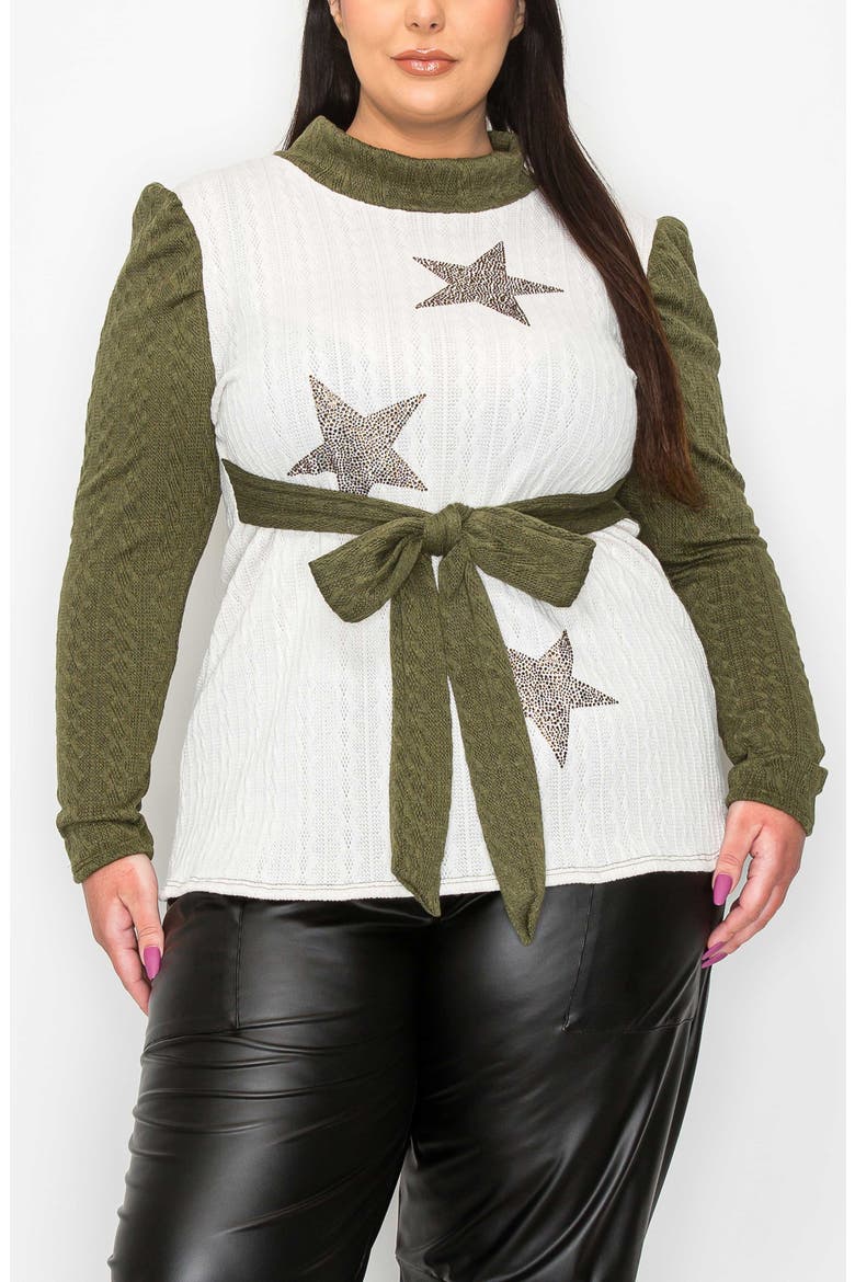 Britt Star Tie Waist Puff Shoulder Sweater, Main, color, OLIVE WHITE