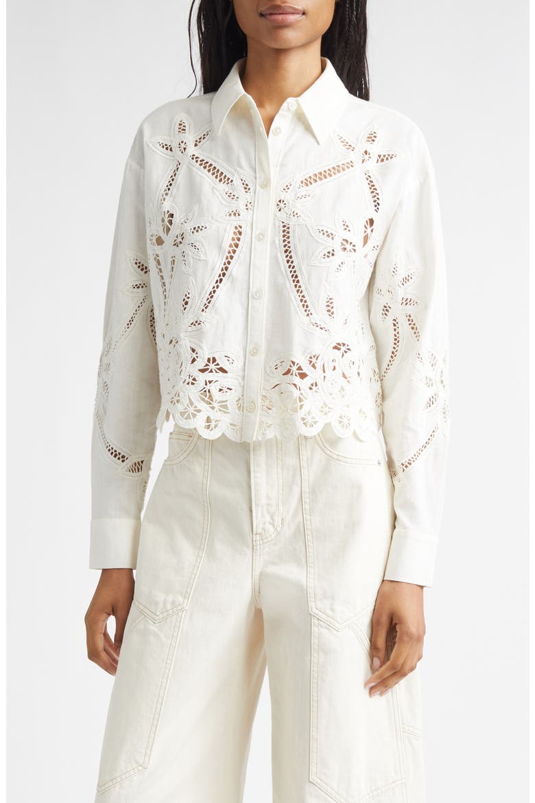 Aderes Floral Cutout Button-Up Shirt, Main, color, DOVE