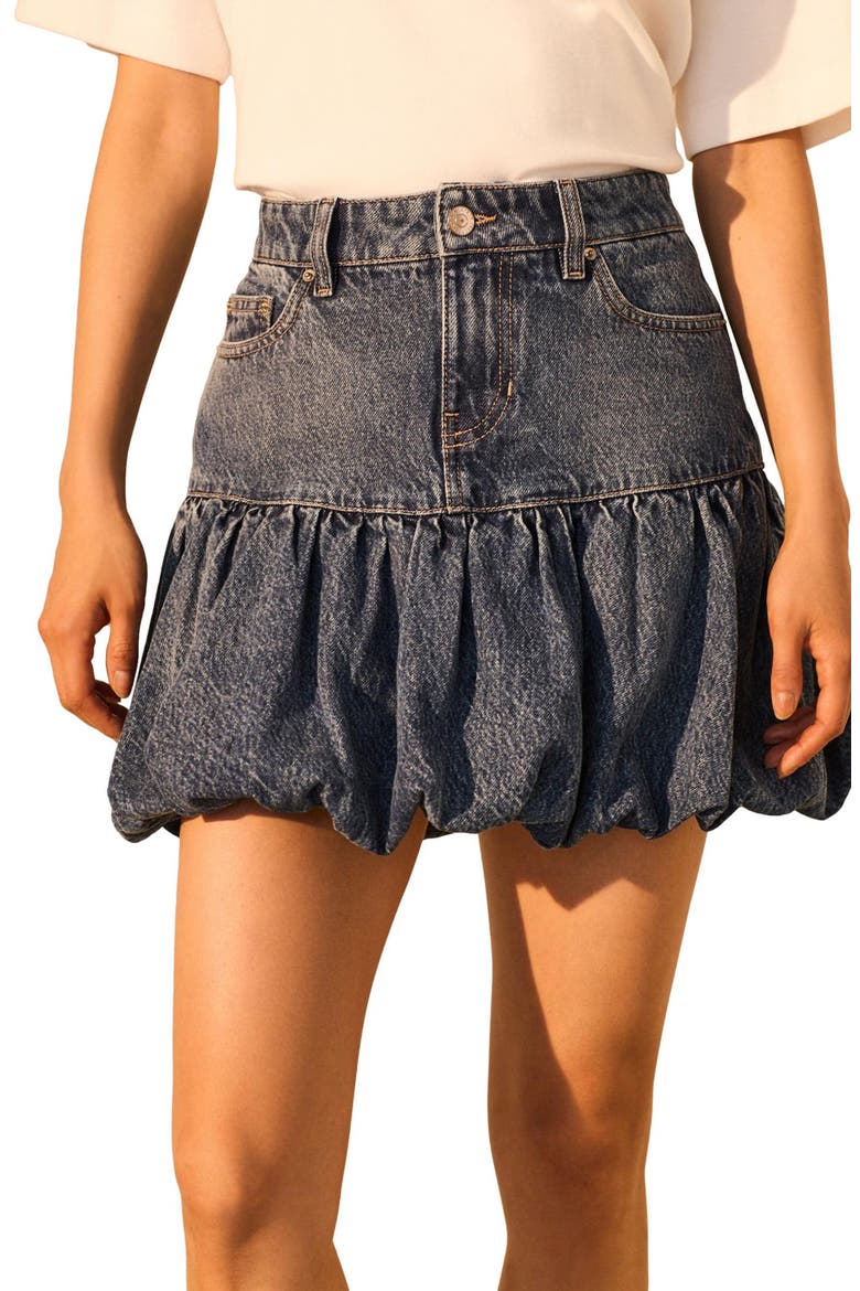 Puffball Denim Miniskirt, Main, color, BLUE