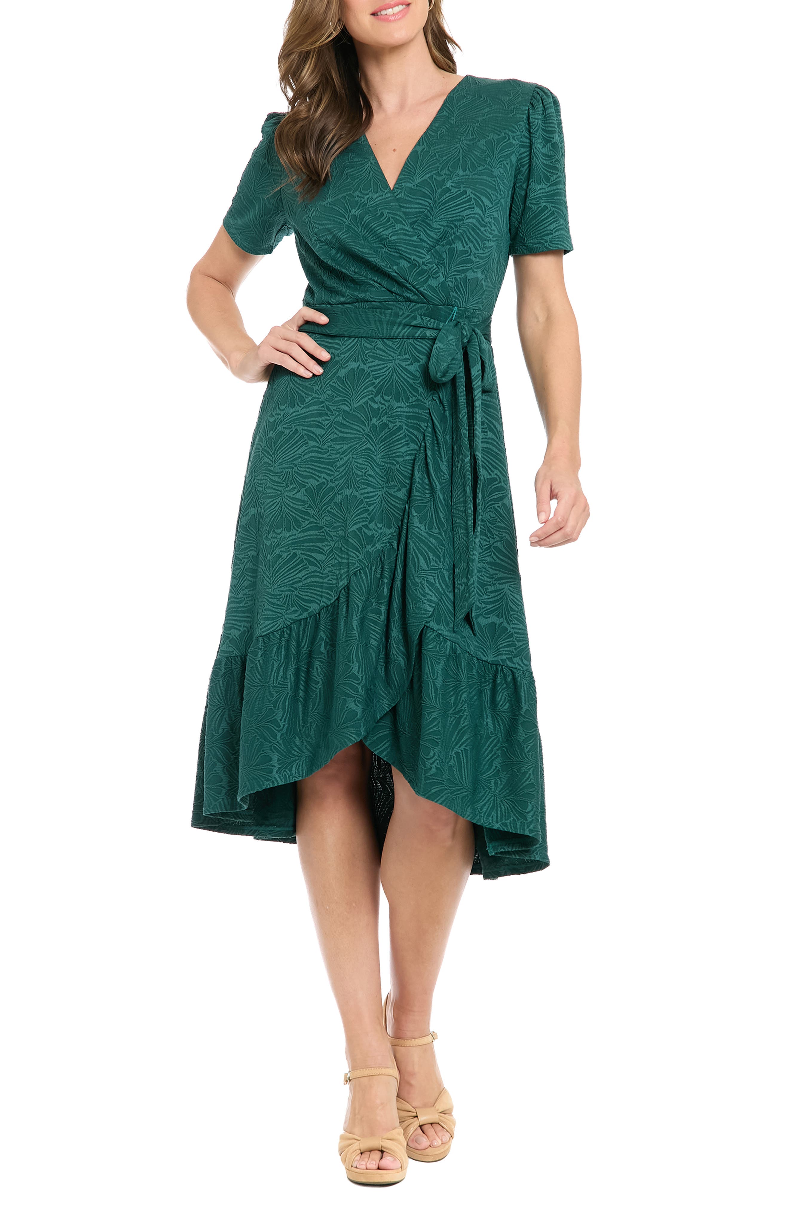 London Times Ruffle Faux Wrap Midi Dress
