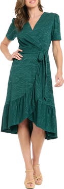London Times Ruffle Faux Wrap Midi Dress
