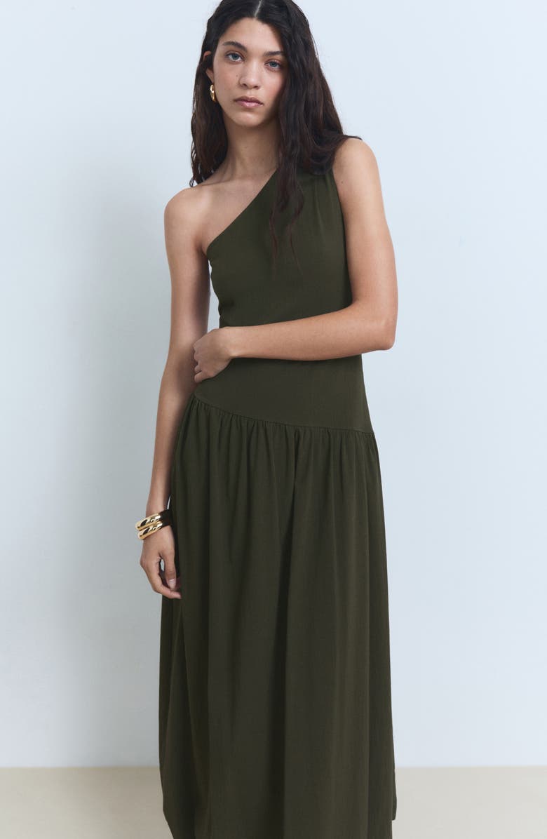 MANGO One-Shoulder Bubble Hem Midi Dress, Alternate, color, Khaki Green