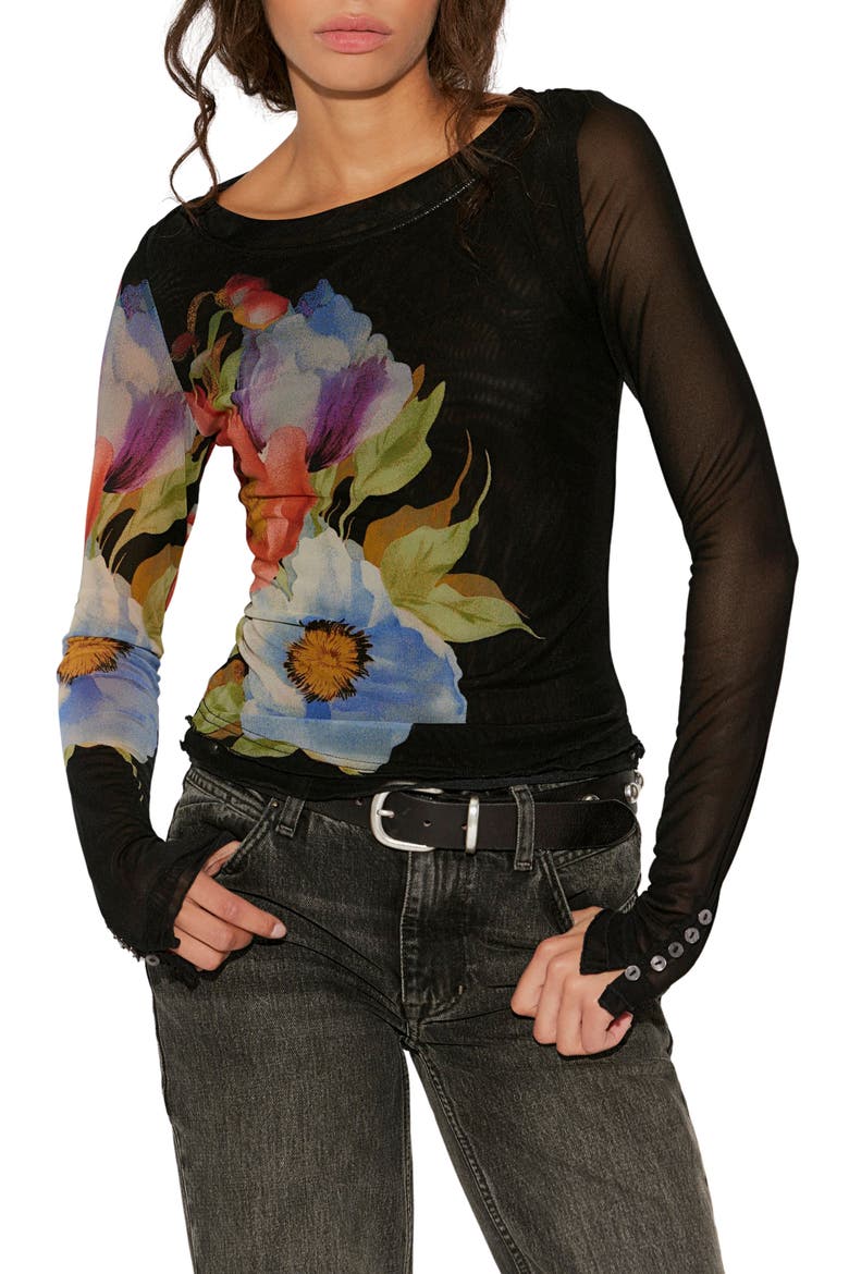 Lilly Print Long Sleeve Mesh Top, Main, color, BLACK COMBO