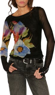 Free People Lilly Print Long Sleeve Mesh Top