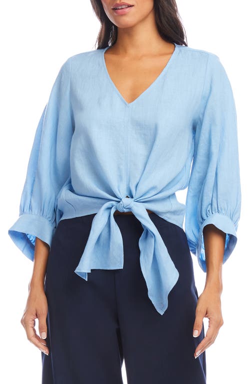 Karen Kane Blouson Sleeve Linen Tie Front Top In Lake