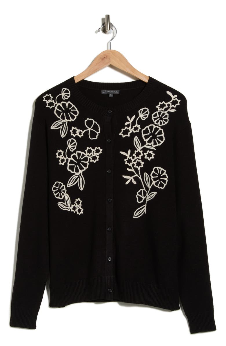 Adrianna Papell Flower Appliqué Cardigan, Alternate, color, Black/ Cream